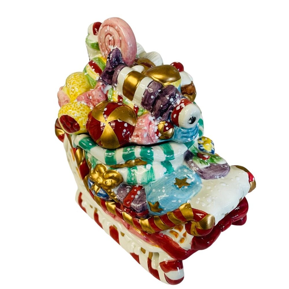 FITZ & FLOYD Ceramic Christmas Candy Sleigh Vase  Holiday Decor  Colorful Hand-P